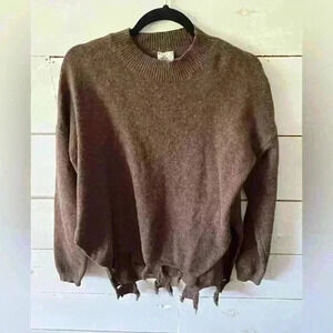 Sadie & Sage angora & polyester s/m sweater, distressed destroyed hem, brown EUC